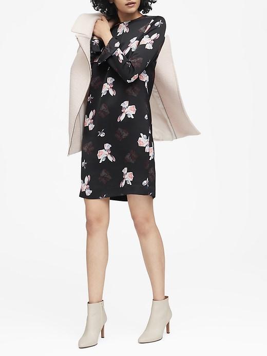 Banana Republic Womens Petite Floral Ruffle-cuff Dress Black Print Size 8