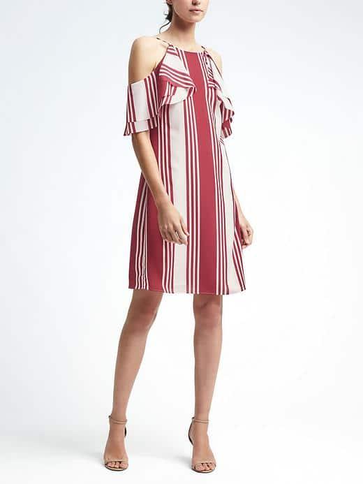 Banana Republic Womens Stripe Ruffle Cold Shoulder Dress - Red Stripe