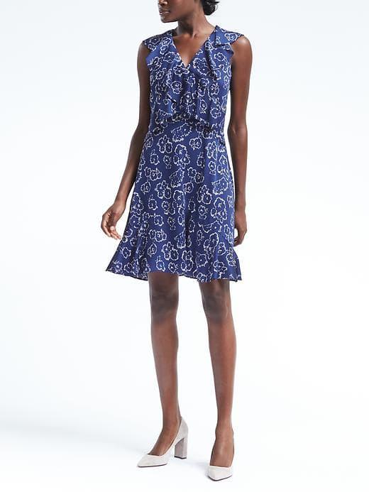 Banana Republic Womens Floral Cross Flounce Fit And Flare Dress - Navy