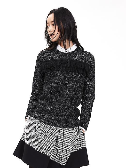 Banana Republic Womens Mixed Stitch Fringe Crew Pullover Size L - Black