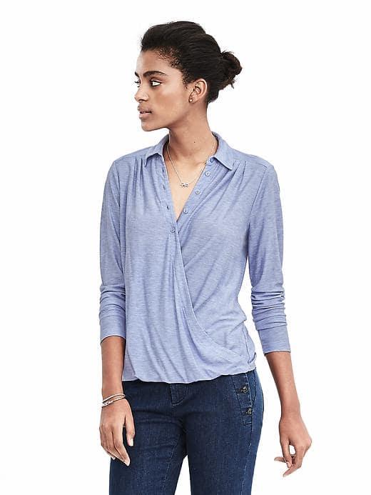 Banana Republic Womens Jersey Faux Wrap Shirt - Light Blue Heather