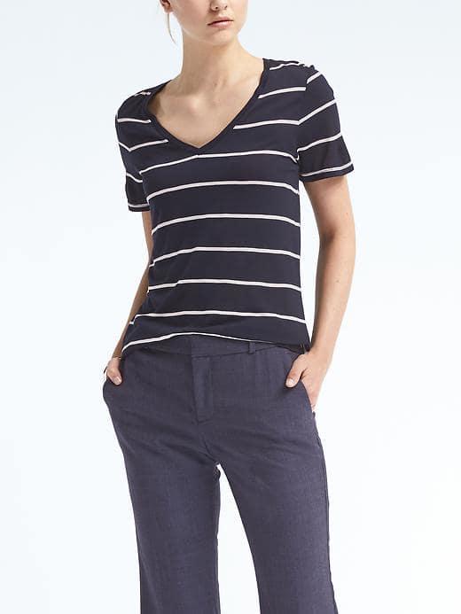 Banana Republic Womens Short Sleeve Stripe Modal Vee Tee - Navy