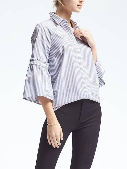 Banana Republic Womens Stripe Ruffle Bell Sleeve Shirt - Light Blue Stripe