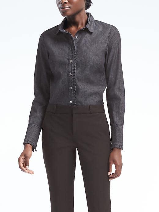 Banana Republic Womens Riley Fit Pleated Ruffle Denim Shirt - Medium Wash