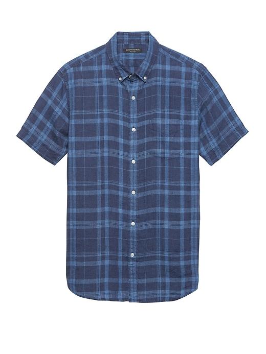 Banana Republic Mens Camden Standard-fit Linen Plaid Shirt Indigo Size L