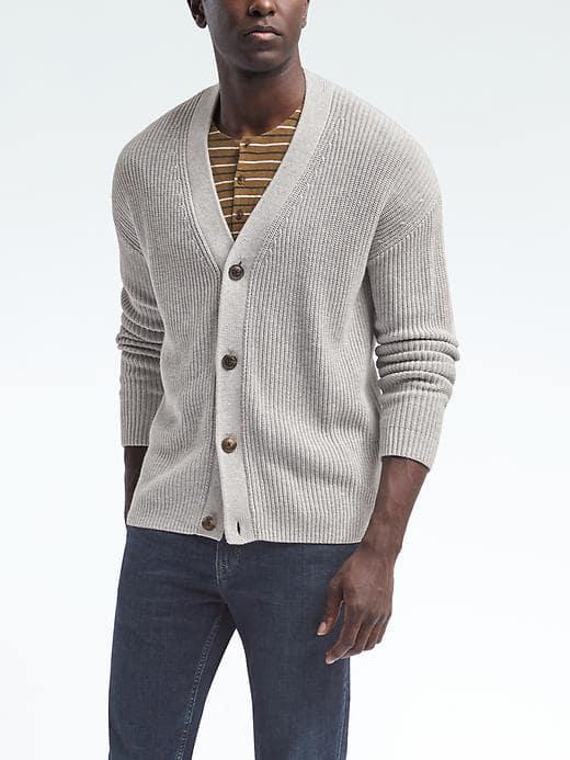 Banana Republic Mens Heritage Ribbed Cardigan - Light Gray