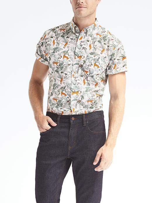 Banana Republic Mens Grant Fit Custom Wash Safari Short Sleeve Shirt - White