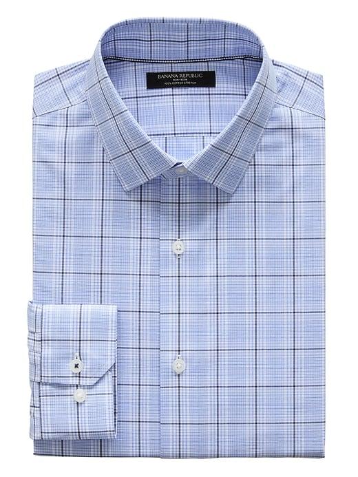 Banana Republic Mens Camden Standard-fit Non-iron Plaid Shirt Blue Ice Size S