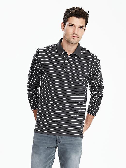 Banana Republic Mens Long Sleeve Stripe Pique Polo Size L Tall - Wood Ash