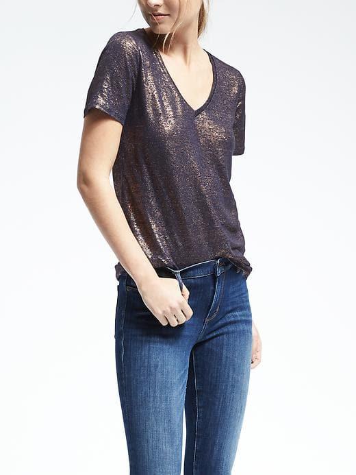 Banana Republic Womens Short Sleeve Foil Linen Vee Tee - Dark Night