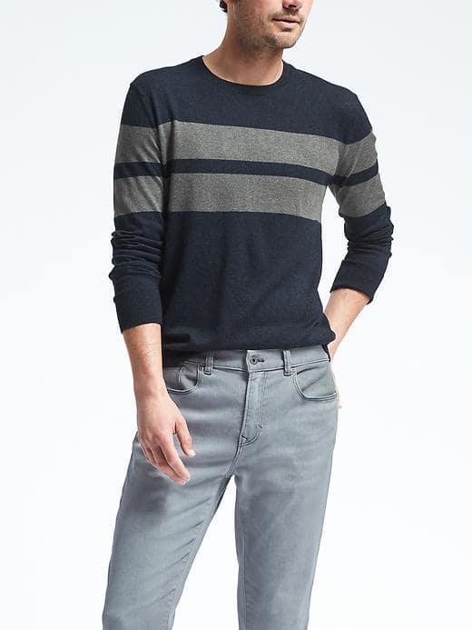 Banana Republic Mens Silk Cotton Cashmere Chest Stripe Pullover - Midnight Navy