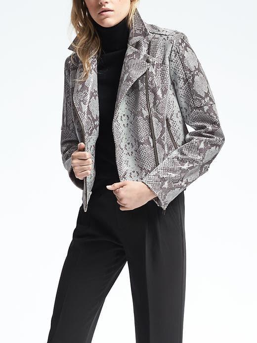 Banana Republic Womens Snake Effect Leather Moto Jacket - Cerulean Blue