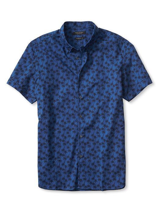 Banana Republic Mens Camden Fit Palm Print Short Sleeve Custom 078 Wash Shirt Size L Tall - Mythic Blue