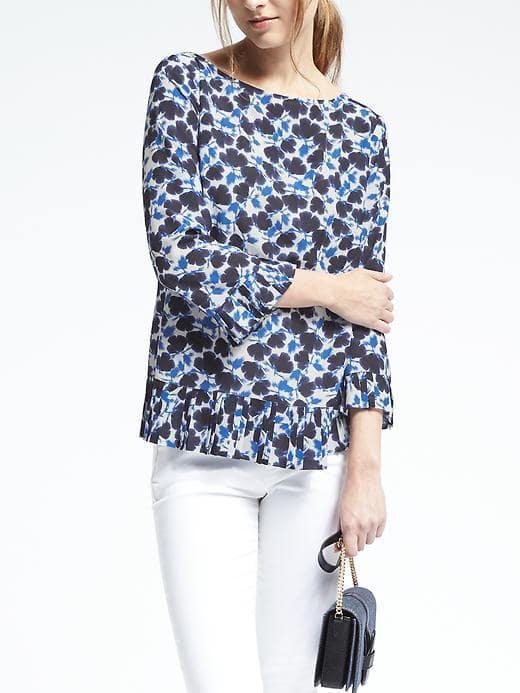 Banana Republic Womens Floral Print Ruffle Blouse - Navy