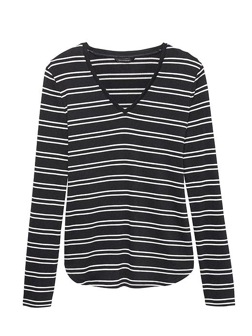Banana Republic Womens Luxespun Long-sleeve V-neck T-shirt Black With White Stripes Size S