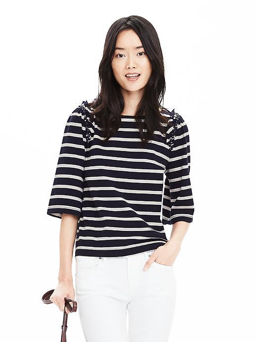 Banana Republic Womens Stripe Bead Ruffle Top Size L - Preppy Navy