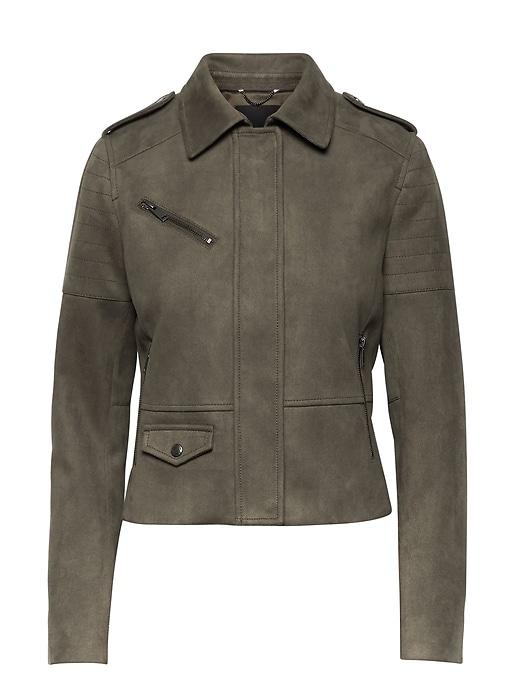 Banana Republic Womens Vegan Stretch-suede Biker Jacket Olive Size L