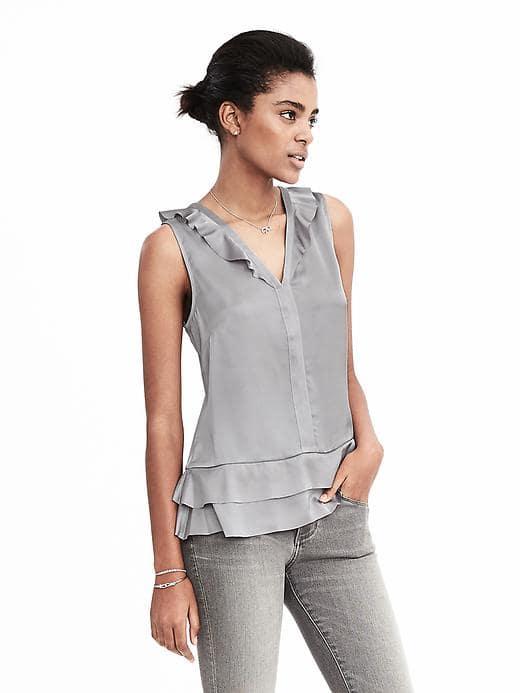 Banana Republic Womens Ruffle Hem Vee Neck Top - Fog Gray