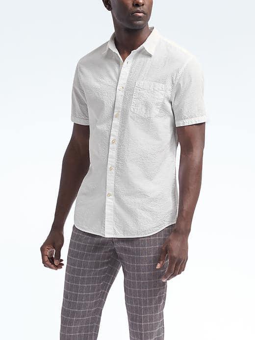Banana Republic Mens Grant Fit Short Sleeve Seersucker Shirt - White