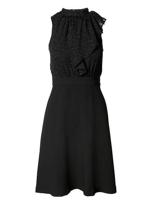 Banana Republic Womens Clip Dot Ruffle Neck Fit And Flare Dress - Black