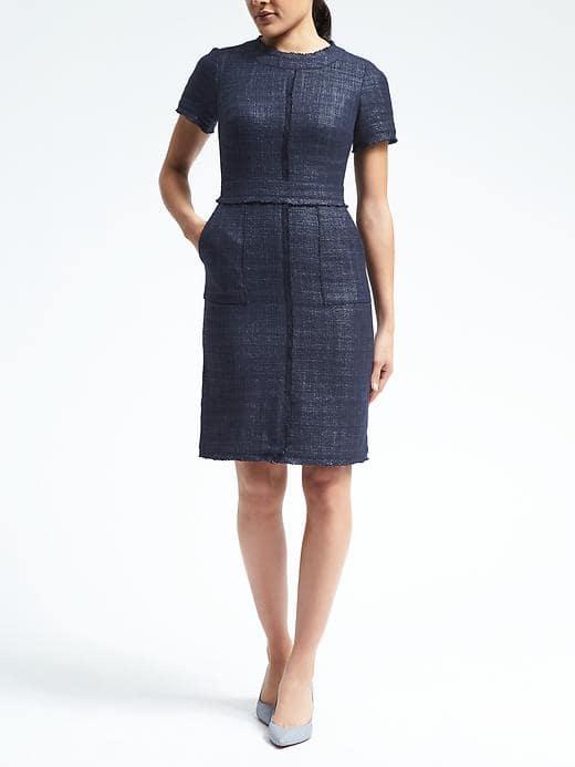 Banana Republic Womens Short Sleeve Frayed Edge Tweed Dress - Navy Blue