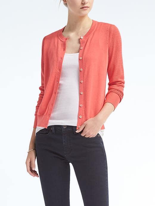 Banana Republic Womens Silk Cotton Pointelle Cardigan - Bright Coral