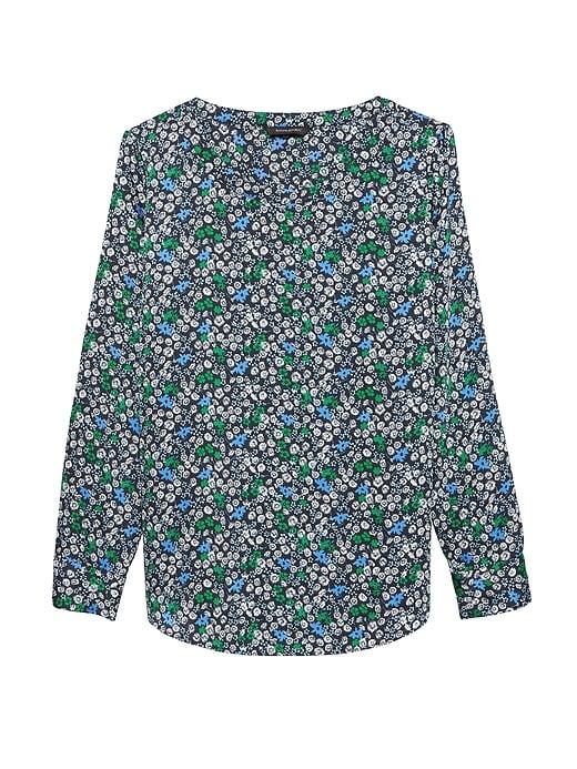 Banana Republic Womens Petite Floral Soft Satin Perfect Tunic Top Blue Print Size Xs
