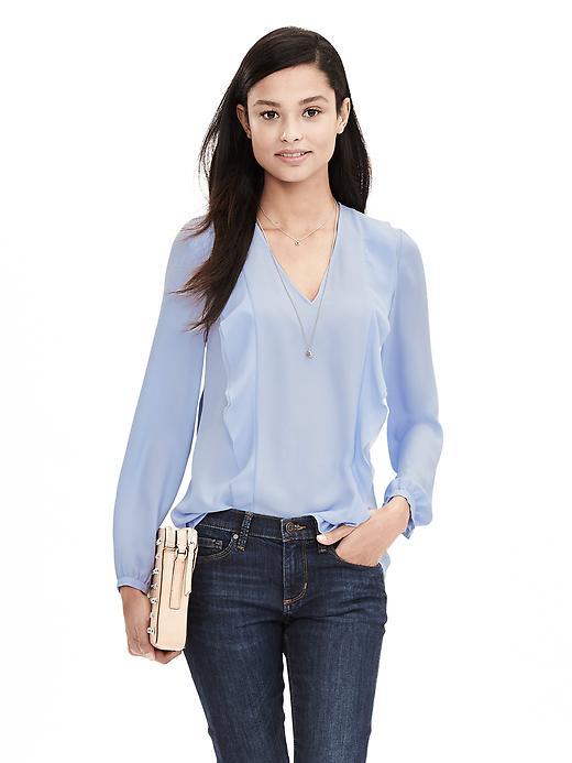 Banana Republic Crepe Flounce Blouse Size L Petite - Blue Orchid