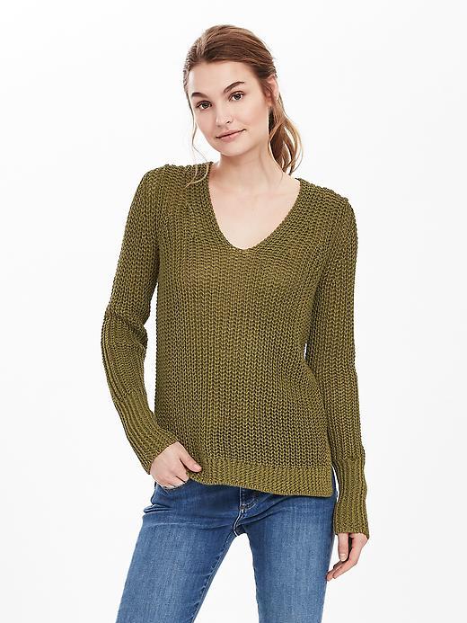 Banana Republic Womens Italian Linen Chunky Vee Pullover Size L - Olive