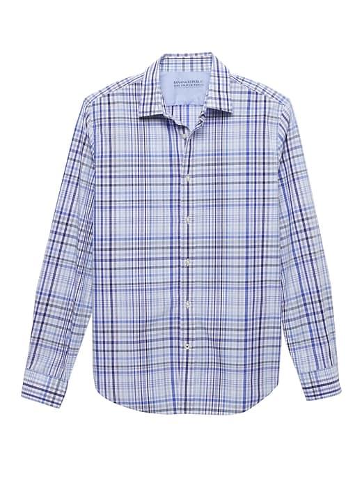 Banana Republic Mens Camden Standard-fit Luxe Poplin Plaid Shirt West Palm Blue Size L