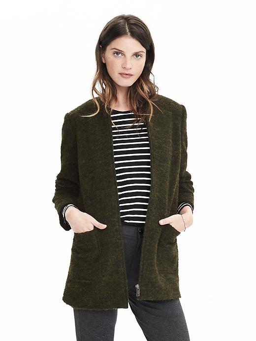 Banana Republic Womens Zip Front Collarless Boucle Coat Size L - Green