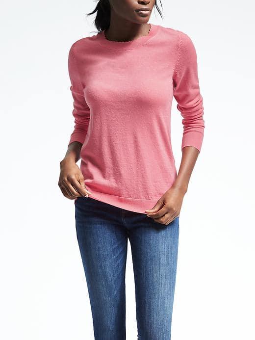 Banana Republic Womens Extra Fine Merino Wool Scallop Crew Pullover - Peach Sorbet