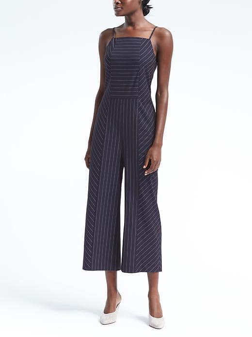 Banana Republic Womens Pinstripe High Neck Crop Jumpsuit - Navy Pinstripe