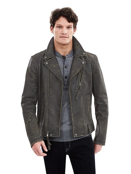 Banana Republic Mens Destructed Leather Moto Jacket Size L - Washed Stone/black
