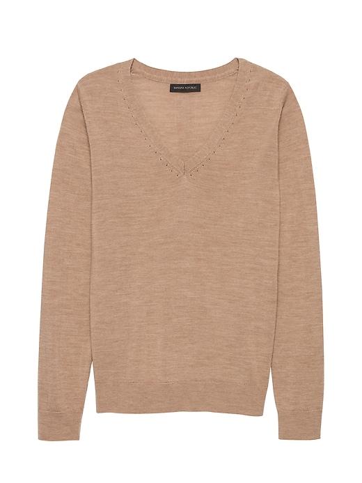 Banana Republic Womens Machine-washable Merino Wool Solid V-neck Sweater Camel Size S