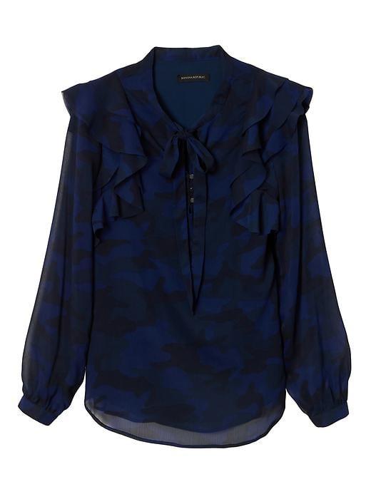 Banana Republic Camo-print Tie-neck Poet-sleeve Top