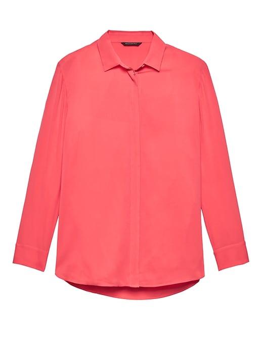 Banana Republic Womens Life In Motion Parker Tunic-fit Washable Stretch Silk Shirt Bright Coral Size S