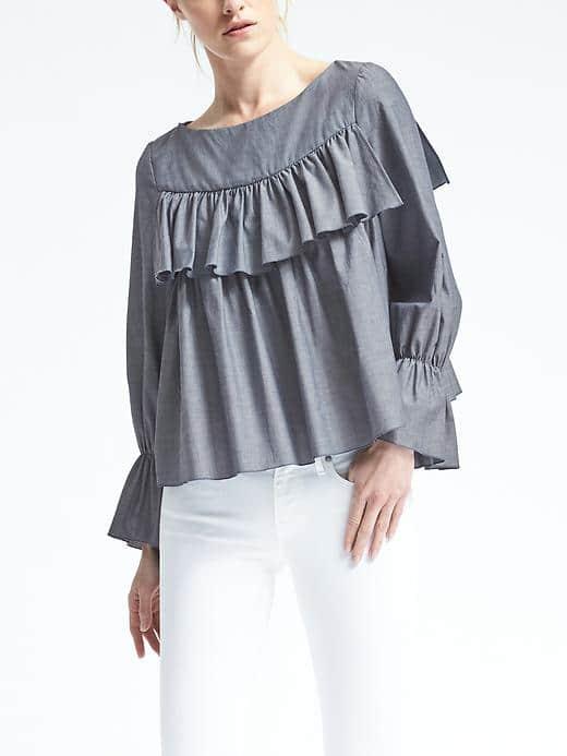 Banana Republic Womens Ruffle Front Chambray Top - Chambray Blue