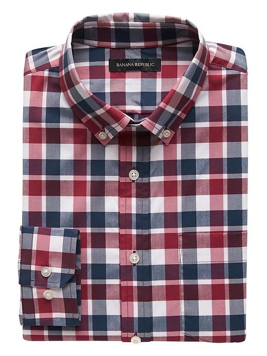 Banana Republic Mens New Slim-fit Tech-stretch Cotton Plaid Shirt Red Love Size L