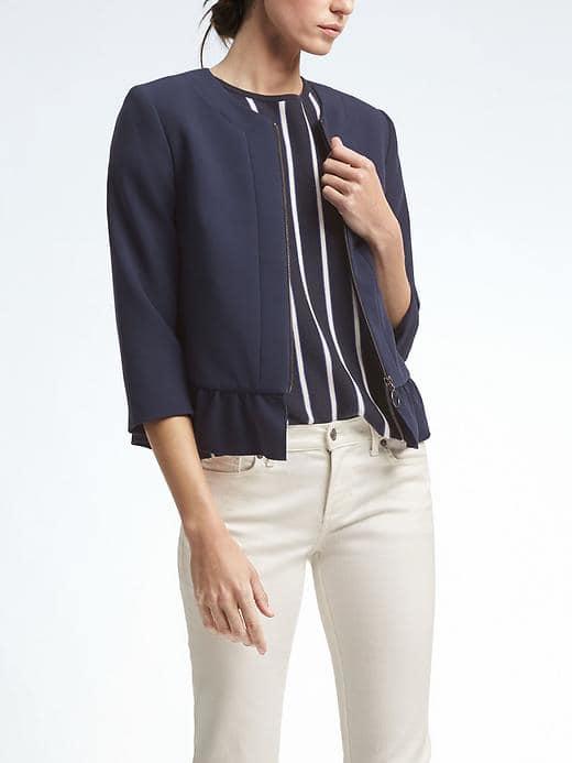 Banana Republic Womens Crepe Ruffle Hem Zip Jacket - Navy