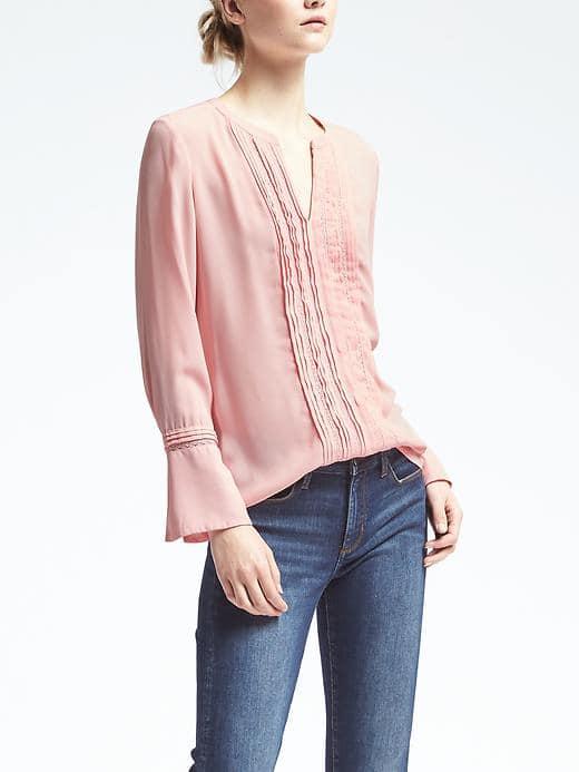 Banana Republic Womens Easy Care Pintuck Lace Blouse - Pop Pink