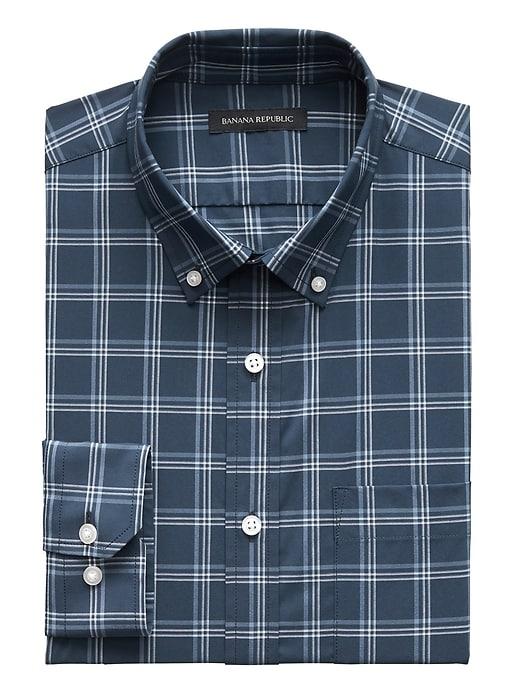 Banana Republic Mens New Slim-fit Tech-stretch Cotton Plaid Shirt Navy Star Size L