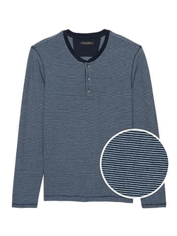 Banana Republic Mens Cotton-modal Waffle-knit Long-sleeve Henley T-shirt Preppy Navy & Carribean Blue Size Xs