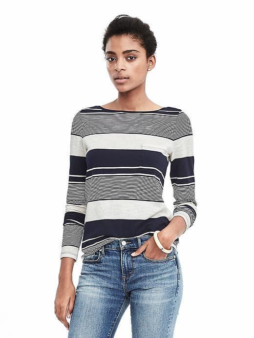 Banana Republic Womens Signature Multi Stripe Cotton Modal Tee - Preppy Navy