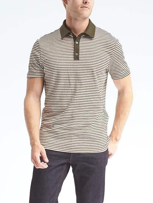 Banana Republic Mens Stripe Linen Stretch Polo - District Green