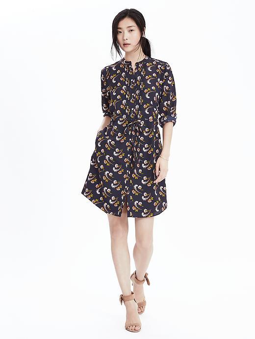Banana Republic Womens Long Sleeve Floral Shirtdress Size L Tall - Preppy Navy