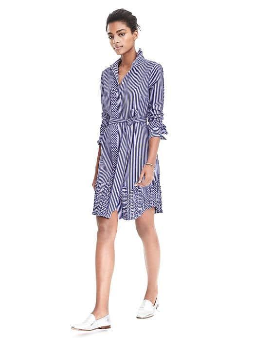 Banana Republic Womens Ruffle Trim Stripe Shirt Dress - Blue Indigo
