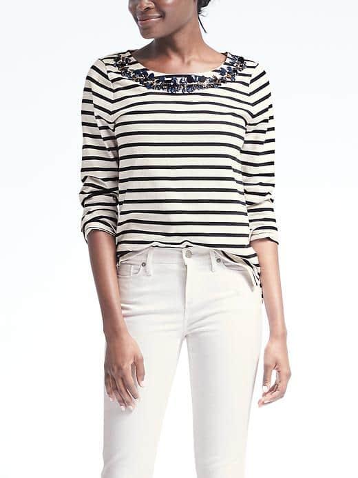 Banana Republic Womens Stripe Embellished Top - Navy