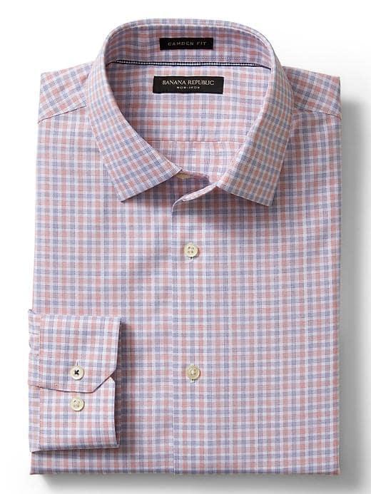 Banana Republic Mens Camden Fit Non Iron Mini Checkered Shirt - Red Multi