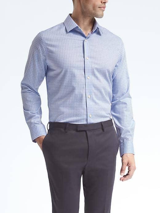 Banana Republic Mens Camden Fit Cotton Stretch Non Iron Micro Check Shirt - Medium Blue